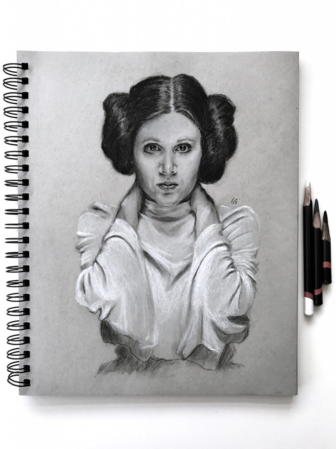 Carrie Fisher in Charcoal on Toned Paper